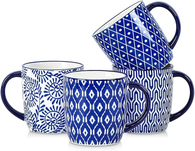 Selamica 10 OZ Coffee Mugs Set of 4, Small Coffee Cups Ceramic with Handle for Cappuccino Latte Cocoa Milk, Dishwasher Microwave Safe,Vintage Blue