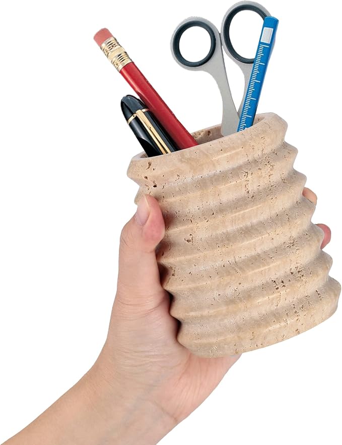 Pen Holder Stand for Desk, Natural Travertine Stone Makeup Brush Holders, Modern and Functional Pencil Cup for Office Supplies Tableware Organizer for Home Decor School Beige (PH90110)