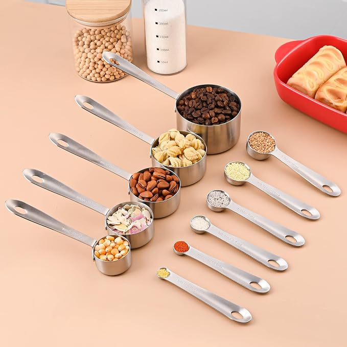 Measuring Cups and Spoons Set 11, 18/8 Stainless Steel Measuring Cups and Spoons for Dry & Liquid, 5 US & Metric Measure Cups and 6 Measure Spoons Set for Kitchen & Baking Measuring Tools