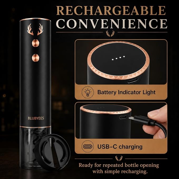 BLUBYEES 4-in-1 Electric Wine Opener Set – Rechargeable Automatic Corkscrew, Foil Cutter, Aerator & Vacuum Stopper, Wine Accessories Gift Set for Dad, Father’s Day Gifts for Men, Husband, Wine Lovers