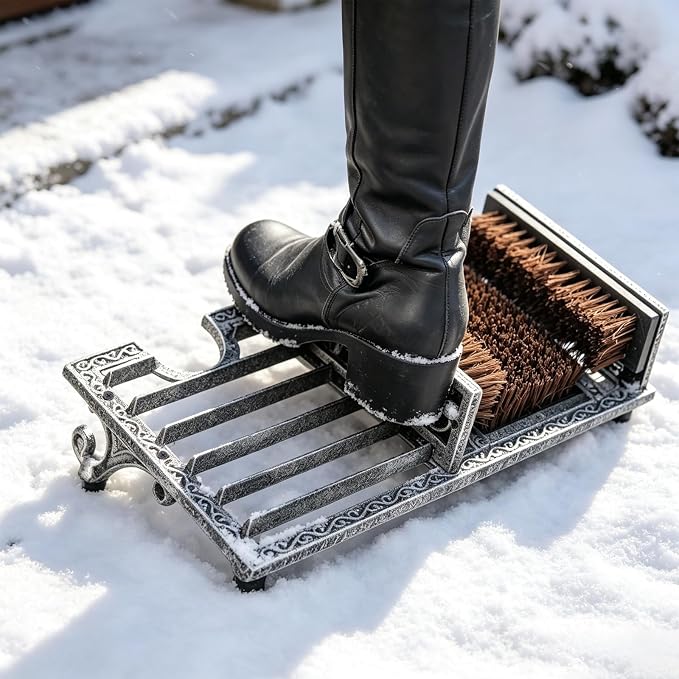 Heavy Duty Outdoor Boot Scrubber with Heel Remover | Vintage Sliver Cast Iron Boot Brush Scraper for Porch Garage Entrywa | Boot Cleaning Tool for Muddy Shoes