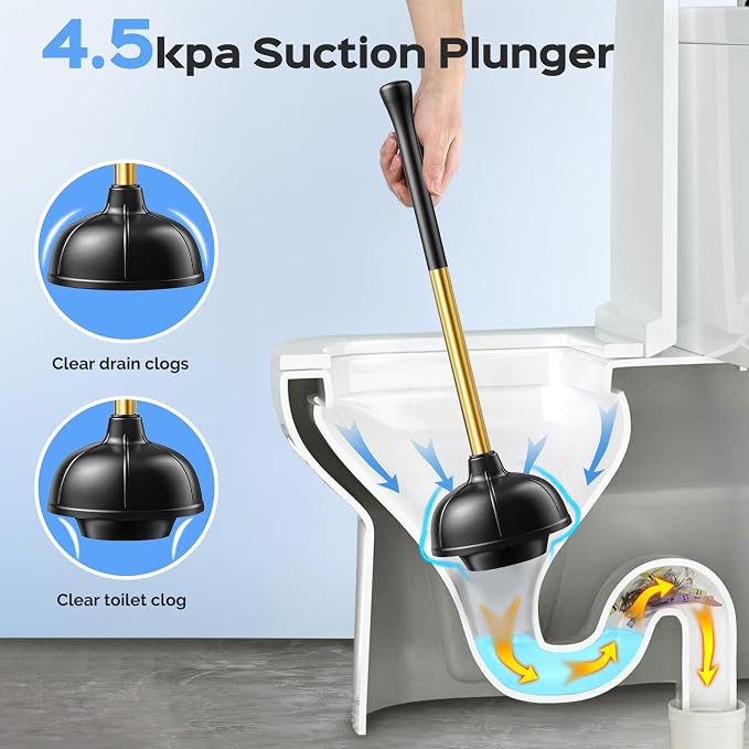 HAMITOR Toilet Plunger and Brush Set: 2 in 1 Stainless Steel Combo with Curved Bristles - Heavy Duty Toilet Unclogging for Family Bathroom - Compact Hideaway Apartment Cleaning Accessories - Gold