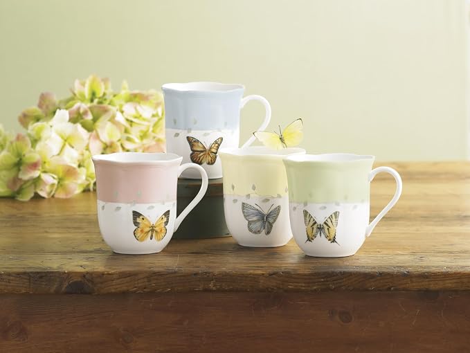 Lenox Butterfly Meadow Colors Porcelain Mug Set for 4, 12oz | Dishwasher safe, microwave safe | floral design | coffee mug gift for coffee lovers | 10oz, gift for women