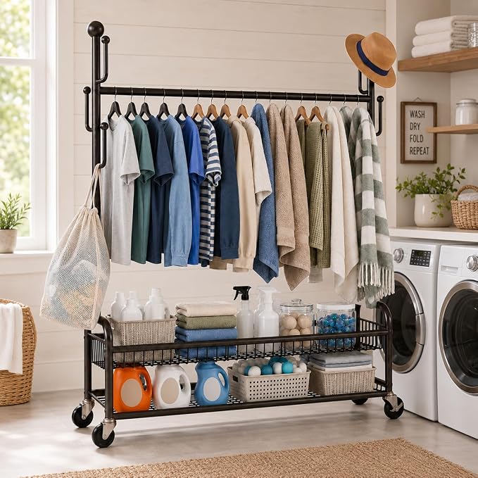 Rolling Clothes Drying Rack with Lockable Wheels, Heavy Duty Metal Laundry Drying Rack with 5 Hooks and 2-Tier Drying Shelves, Drying Rack Clothing for Indoor and Outdoor Use