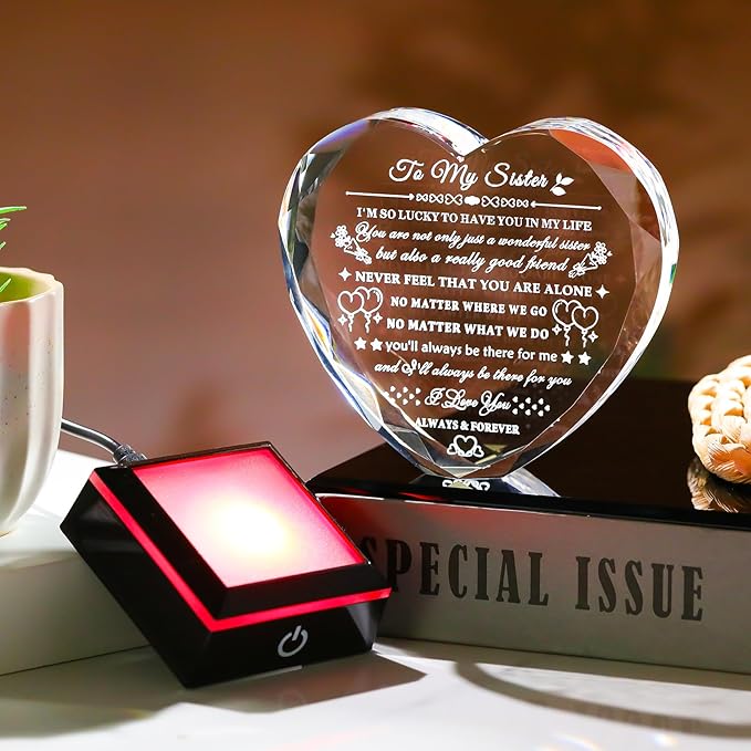 Arikyrist Sister Gifts from Sister Brother with Colorful LED Base Birthday Gifts Idea for Sisters Crystal Heart Keepsake Sisters Gift for Women for Christmas Mother's Day Valentines