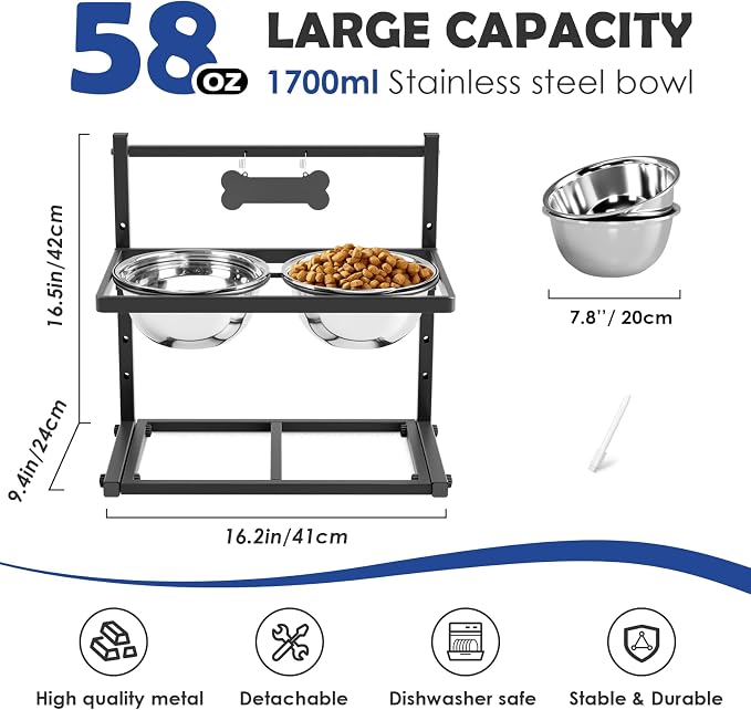 ADENGL Elevated Dog Bowls for Dogs,Raised Dog Bowl Stand with Two 1700ML Stainless Steel Bowls, Adjustable Tall Dog Food Water Bowls