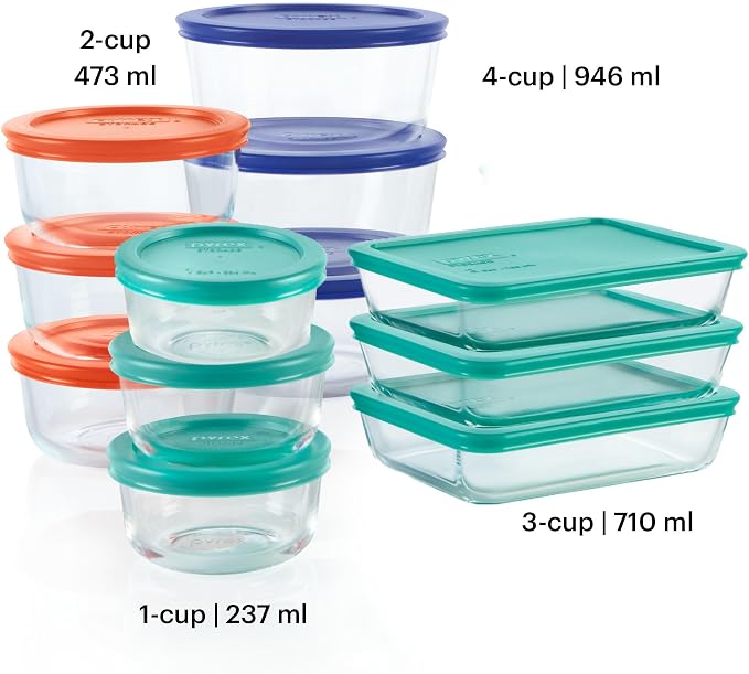 Pyrex Simply Store (12-Pack) Glass Food Storage Containers Set | Meal prep containers (1, 2 & 3 cup) with BPA-free plastic lids, microwave & dishwasher safe