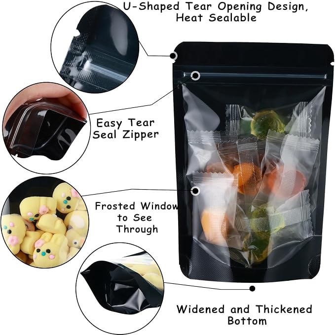 200 Mylar Bags for Food Storage 5X8 Mylar Bags with Window Candy Packaging Resealable Bags Black Stand Up Pouches Edible Packaging for Small Business