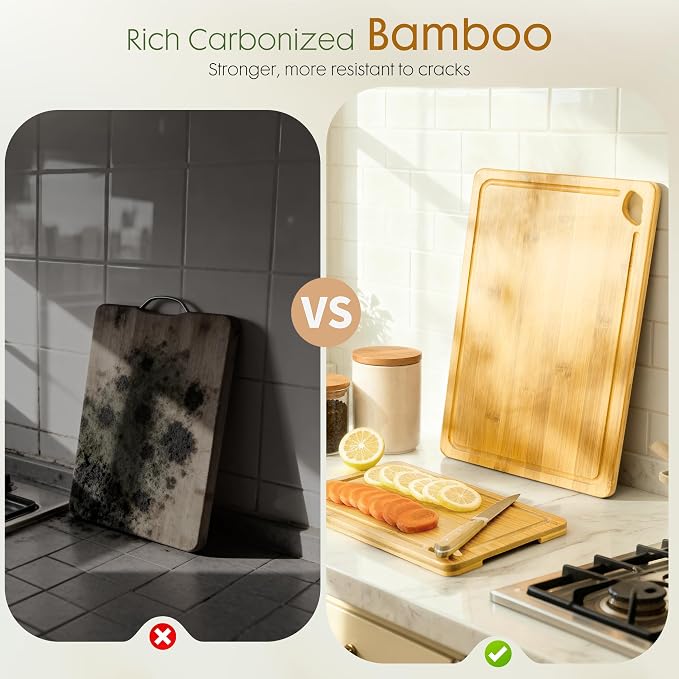 Astercook Nature Bamboo Cutting Boards for Kitchen with Wood Storage Stand, Reversible Charcuterie & Chopping Boards with Juice Grooves and Easy-Grip Handles