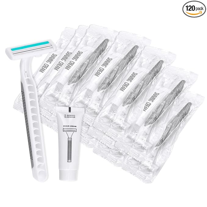 Disposable Razors in Bulk Pack of 120,Gray Bulk Razors Disposable Individually Wrapped Twin Blade Disposable Shaving Razors with Shaving Cream and Clear Cap Set for Homeless,Hotel,Charity,Travel