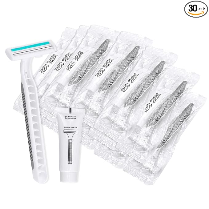 Disposable Razors in Bulk Pack of 30,Gray Bulk Razors Disposable Individually Wrapped Twin Blade Disposable Shaving Razors with Shaving Cream and Clear Cap Set for Homeless,Hotel,Charity,Travel