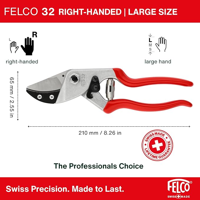 Felco F32 Pruning Shears – 8.3" Garden Clippers with Anvil Blade for Woody Stems | Hand Pruners for Gardening | Garden Tool Cutter with Forged Aluminum Handle, Rubber Grip, Precision Swiss Performance