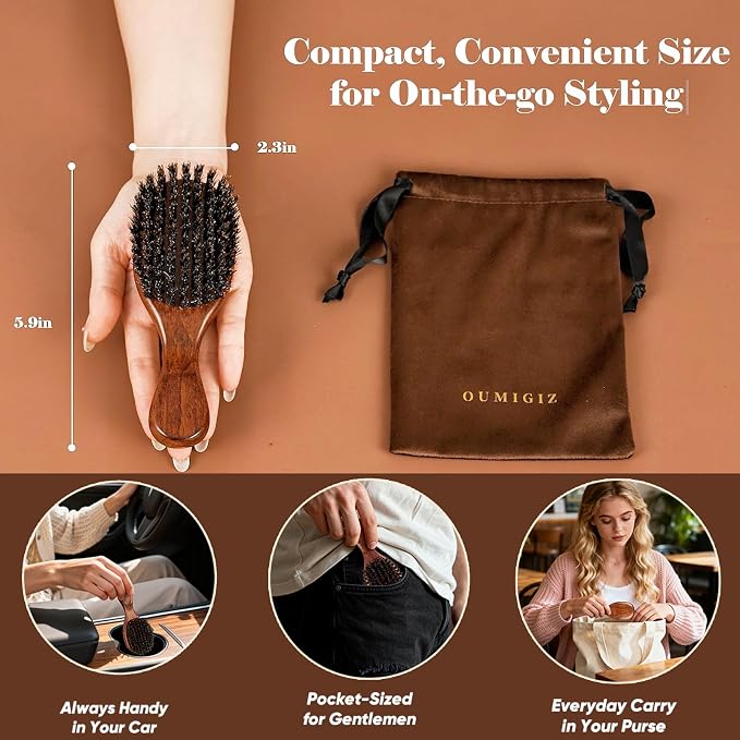 Small Boar Bristle Hair Brush Since 1965 British Craftsmanship, Handmade Natural Wooden Mini Hairbrush/Beard Brush, Pure Soft Bristles Gentle Detangling Women Men Kids Thin Fine Hair, Smooth & Shine
