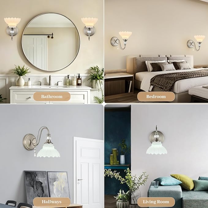 1 Piece Brushed Nickel Finish Wall Sconce, 1-Light Modern Wall Sconce with Hanging Crystal Accents and Flower-Shaped White Shades for Bathroom Bedroom Living Room,Modern Vanity Light