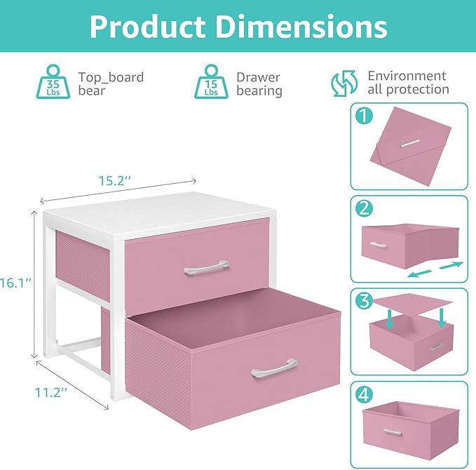 BOLUO Stackable Closet Drawers for Clothes Organizers and Storage Fabric Pink 2 Drawer Dresser for Bedroom 2 Packs Modern Small