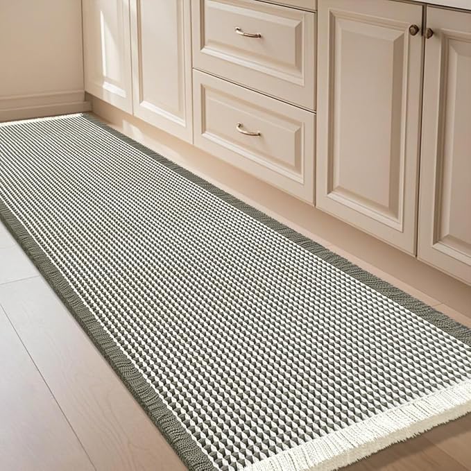 IM HOME Waffle Bath Mat Green & Cream 5'x2', Boho Woven Modern Bath Mat Rugs, Absorbent Non Slip Bathroom Rugs, Soft Washable Bath Rugs with Tassels for Bathroom, Bedroom, Kitchen, Shower, Tub