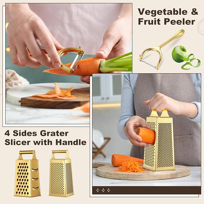 LemonRoad 10 Pcs Gold Kitchen Accessories Set, Includes Gold Mixing Bowls with Airtight Lids, Stainless Steel Colander, Grater Slicer, Lemon Squeezer, Peelers, Egg Whisk, Measuring Cups and Spoons