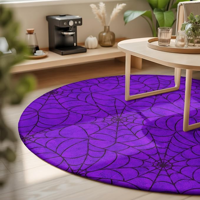 Round Area Rug 4', Purple Halloween Washable Area Rugs for Kitchen Bathroom Bedroom Office Dining Room, Black Spiders Net Classic Gingham Non Slip Door Mat Indoor Entrance Floor Throw Circle Carpet