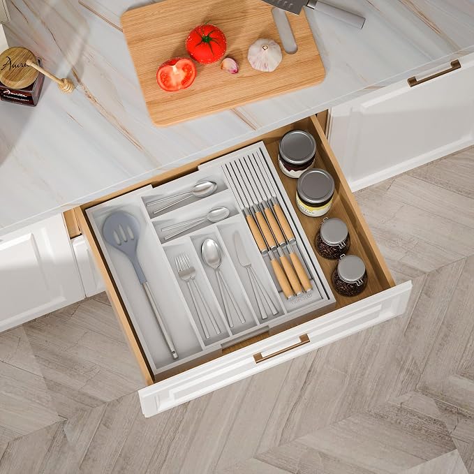 TIOPGHAD Bamboo-Silverware-Drawer-Organizer-Kitchen, Expandable Utensil Holder Cutlery Tray Flatware Organization Adjustable Wood Tableware Dividers Storage (with Removable Knife Block)(White)
