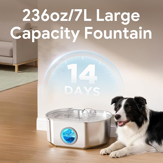 Cat Water Fountain Stainless Steel - 7L/236oz Cat Drinking Fountain | Dog Water Fountain Inside - Automatic Dog Watering Dispenser Bowl - Large Capacity for Multiple Pets (4 Filters)