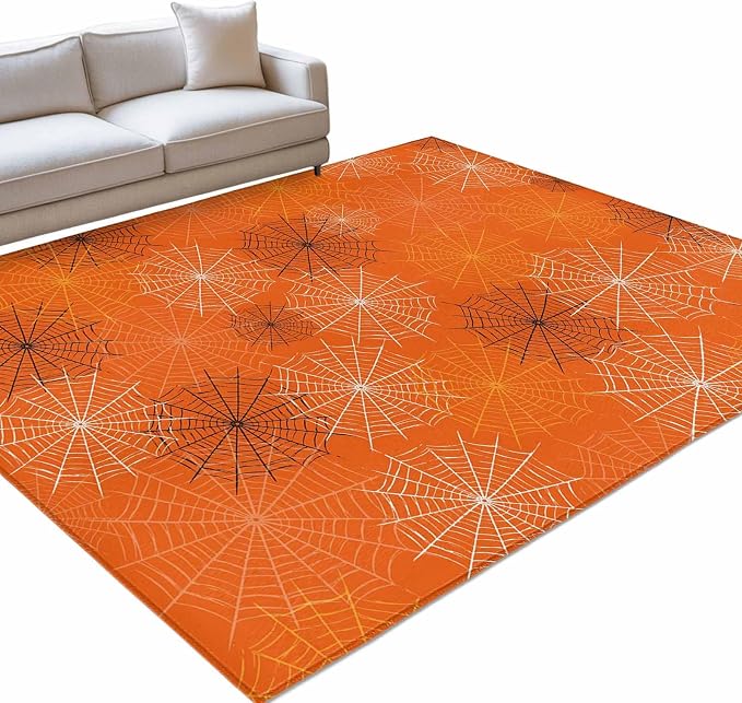 Large Area Rug 4'x6', Orange Halloween Washable Rectangular Area Rugs for Living Room Bedroom Office, Black White Net Halloween Non Slip Kitchen Rug Mats Indoor Floor Accent Throw Carpet
