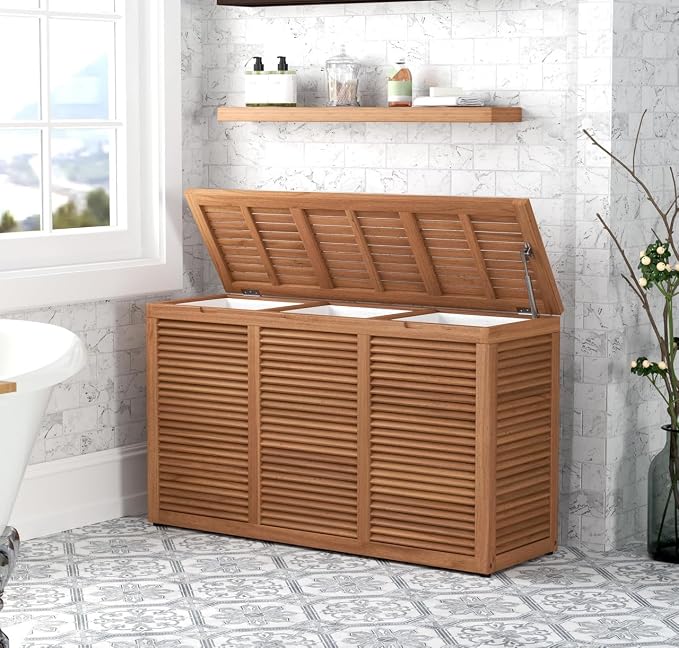 Nila Triple Size Wall-Hugging Teak Louvered Laundry & Storage Hamper