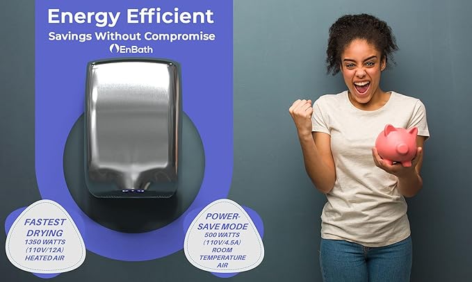 EnBath Commercial Hand Dryer, Hi-Speed (224mph) Hand Dryers for Bathrooms Commercial or Home Use -Stainless Steel Electric Hand Dryer with Air Filter, Optional Energy-Saver Mode, Speed/Volume Control