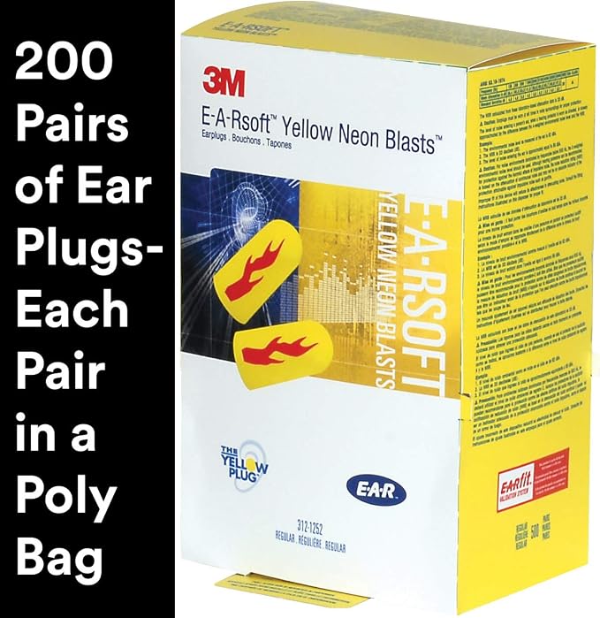 3M Ear Plugs, 200 Pairs/Box, E-A-Rsoft Yellow Neon Blasts 312-1252, Uncorded, Disposable, Foam, NRR 33, Drilling, Grinding, Machining, Sawing, Sanding, Welding, 1 Pair/Poly Bag