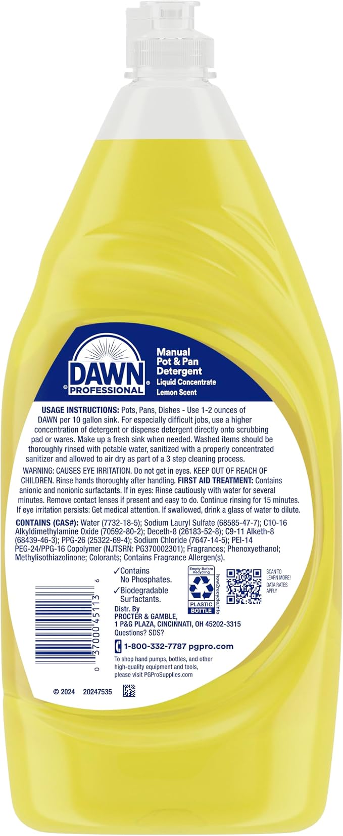 Dawn Dishwashing Liquid Soap Detergent, Bulk Degreaser Removes Greasy Foods from Pots, Pans and Dishes in Commercial Restaurant Kitchens, Lemon Scent, 38 oz. (Case of 8) (Packaging May Vary)