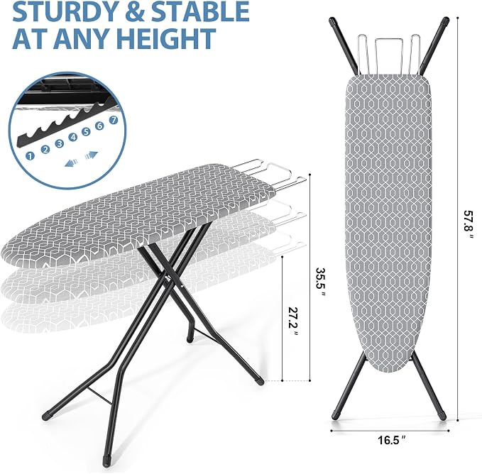 KINGBOARD Foldable Ironing Board Full Size, Iron and Ironing Board Set Standard Size, Iron Boards with Ironrest & Adjustable Height,Heavy Duty Iron Table Stand with Metal Legs &Thick Cover,43x13 Gray | Foldable, Height Adjustable, Iron Rest, Extra Thic...
