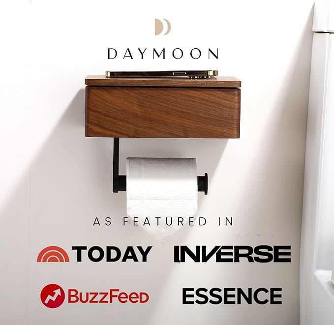 Day Moon™ - Toilet Paper Holder with Shelf - Modern Roll Holder for Bathroom - 1 Pack - Wall Mount - with Storage, Wood