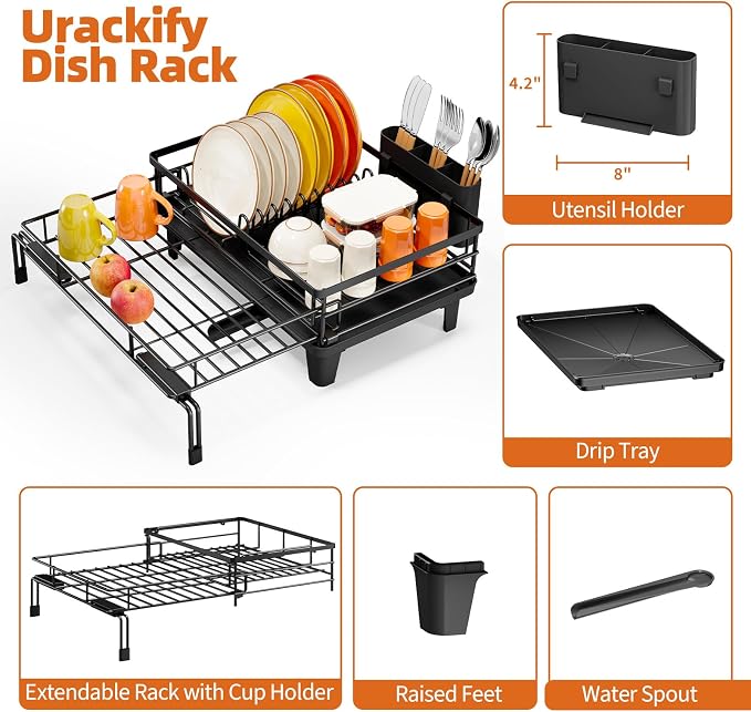 Urackify Expandable Sink Dish Drying Rack for Kitchen Counter, 1-Tier Black | Large Dish Racks, Sink Dish Drainer, Rustproof Dish Strainer with Utensil Holder, 12.3"-20.5" L x 15"W