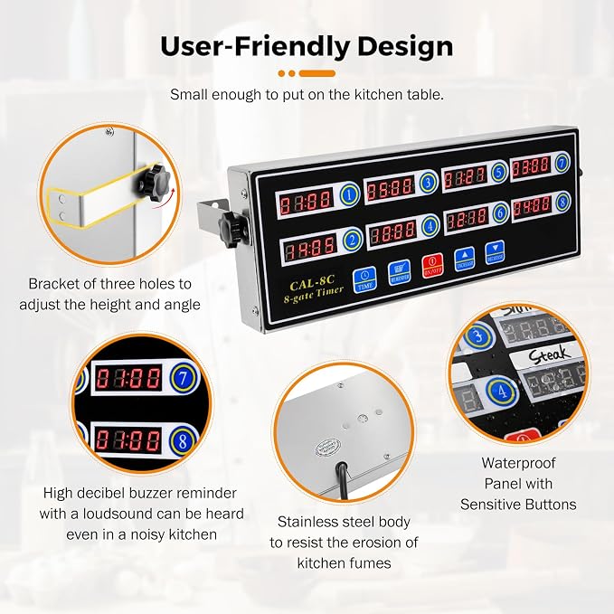 BEAMNOVA 8-Channel Digital Kitchen Timer, Commercial Timer for Restaurant, Food Timer for Cooking, Fryer Reminder, Adjustable Loud Alarm, Stainless Steel