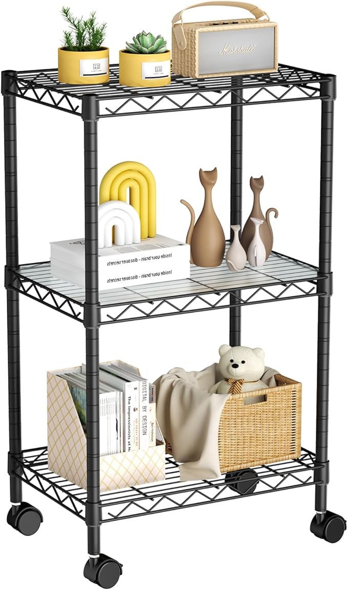 Golpart Small 3 Tier Shelves Storage Wire Shelving Unit Metal Shelf Adjustable Organizers Storage Shelving with Wheels for Bathroom Laundry Room Kitchen Pantry11.7”D x 17.7”W x 30.7”H Black