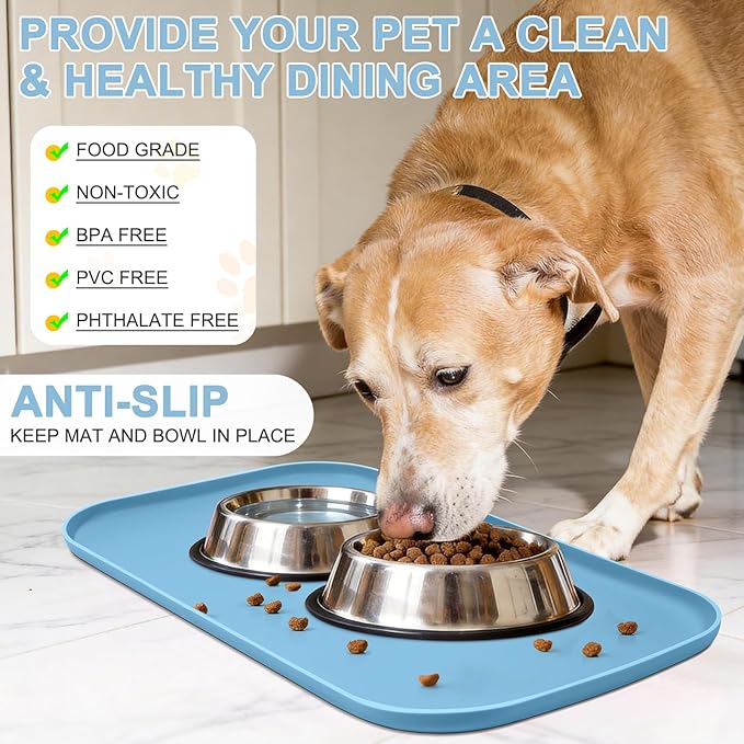 SMILOOL Waterproof Silicone Pet Food Mat with Raised Edge for Dog & Cat | 22" x 14" Non-Slip Pet Feeding Mats with Lip for Food & Water Bowl, Food Grade, Easy Cleaning, Light Blue