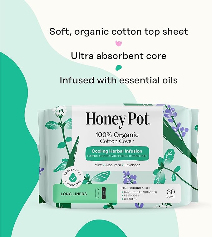 The Honey Pot Company - 120ct - Herbal Long Panty Liners for Women - Infused w/Essential Oils for Cooling Effect & Organic Cotton Cover - Feminine Care
