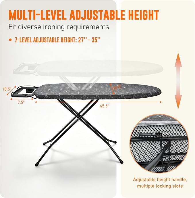 Ironing Board with Iron Rest – 45 x 13 Inch Full Size Foldable Board – Adjustable Height Steel Mesh Surface – Gray Padded Cotton Cover