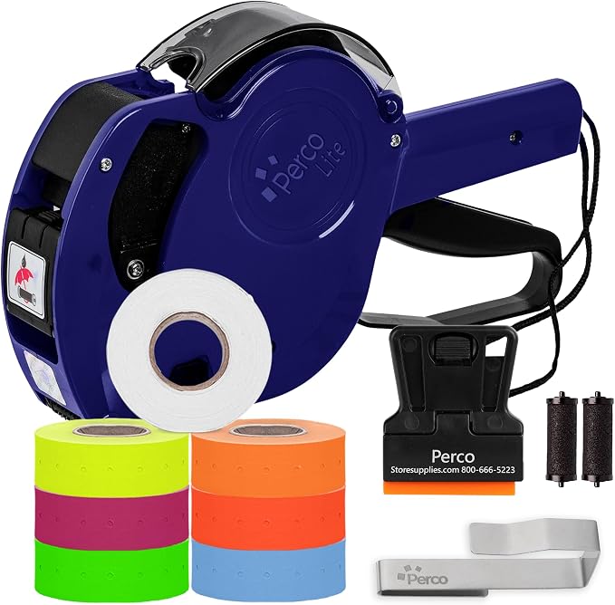 Perco Lite 1 Line Price Gun Kit for Retail Business – Includes 6 Multicolored Rolls, Gun Clip & Ink Rollers – Pre-Loaded Pricing Gun w Labels & Ink