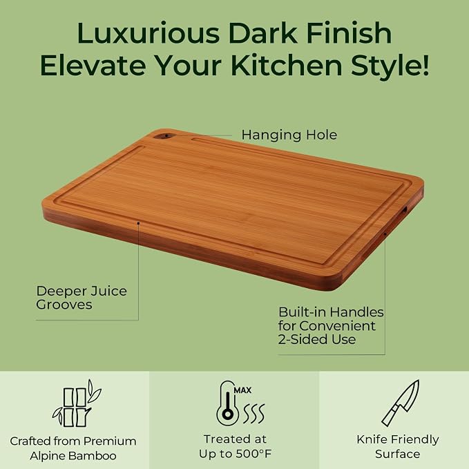 Keechee Carbonized Bamboo Cutting Board Set of 4, Kitchen Prep Boards | Deep juice grooves, built-in handles, 4 different sizes for full kitchen tasks and charcuterie