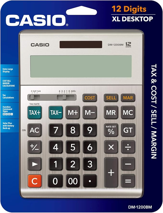 Casio DM-1200BM – Business Desktop Calculator with Cost/Sell/Margin & Tax Keys | Extra-Large 12-Digit Display, Kickstand | Ideal for Office & Finance Use, Silver