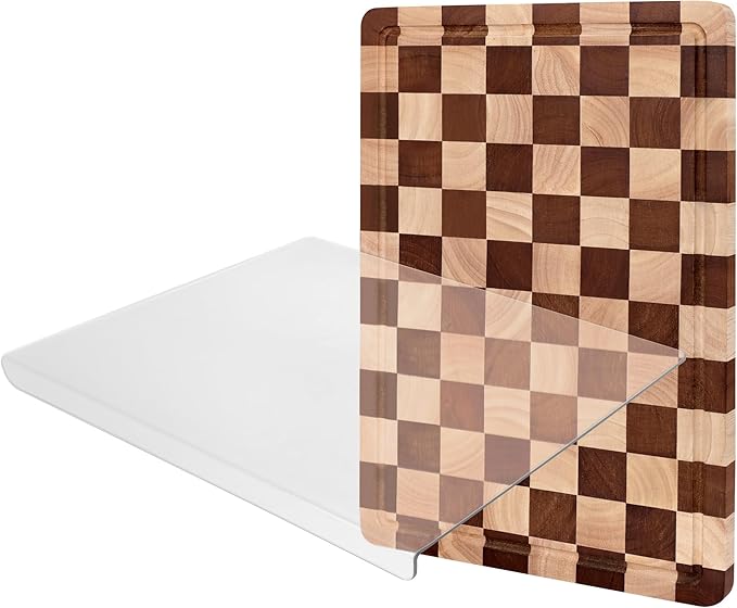 Checkered Cutting Board and Acrylic Cutting Board Set- 2-Piece Kitchen Board Set, Wood Checkerboard End Grain Chopping Boards with Juice Groove & Acrylic Board with Counter Lip