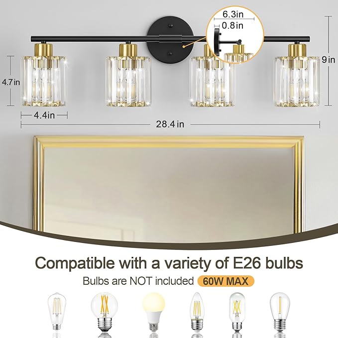 Crystal Bathroom Light Fixtures, Bathroom Lighting Fixtures Over Mirror, Modern Black Gold 4-Light Vanity Lights for Mirror, Restroom, Bedroom (Ceramic E26 Socket,Bulbs Not Include)