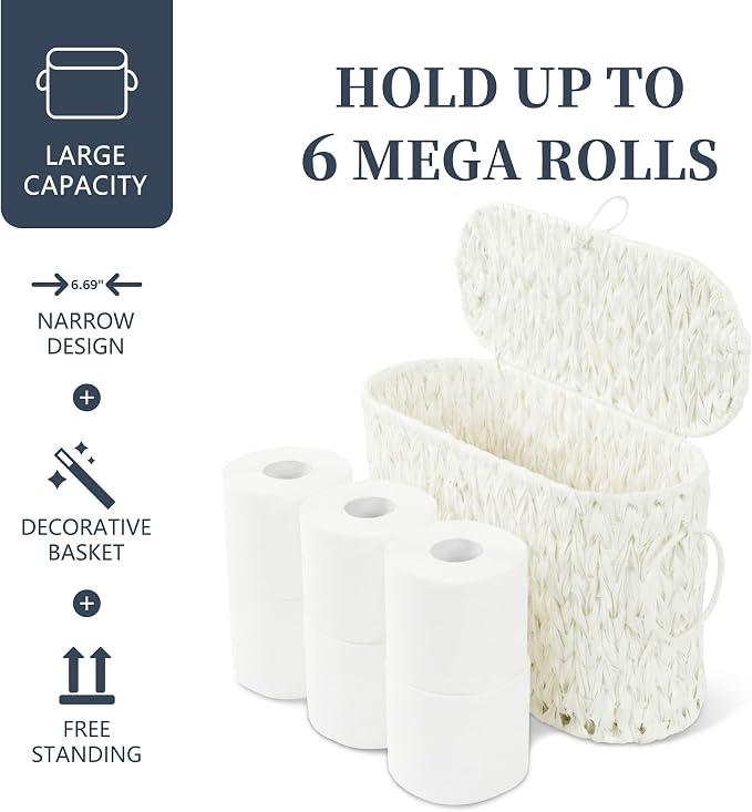 Coeusy Toilet Paper Basket,Wicker Toilet Paper Storage with Lid,Decorative Boho Wicker Basket for Bathroom,Free Standing-Cream White