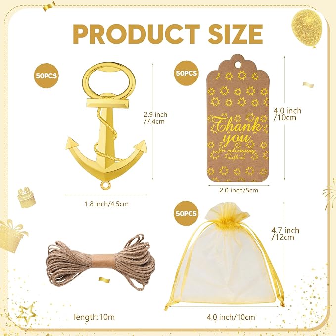 50 Pack Anchor Bottle Opener Favors Bottle Opener Party Favors Bulk | Ready to Gift, Durable Alloy, Organza Bags, Writable Gift Tags, Beach Wedding, Nautical Theme, Guest Keepsake