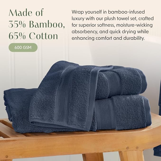 Luxury Bamboo Rayon Oversized Bath Towel Set | 2-Pack | Ultra Soft | Blue | 35% Bamboo Rayon - 65% Zero Twist Cotton | Absorbent Quick-Dry Towels for Bathroom | Ultra Soft | OEKO-TEX Standard 100