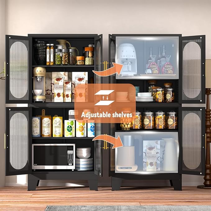 GAIOUS Black Kitchen Pantry Cabinet,Storage Cabinet with Acrylic Glass Door | and Adjustable Shelves, Metal Food Storage Cupboard, Tall Versatile Storage for Kitchen, Dining Room, Home Office and Bedroom