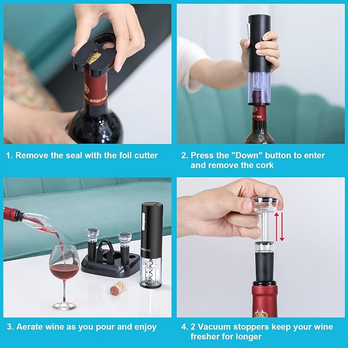 Moocoo Electric Wine Opener with Charging Base, Cordless Electric Wine Bottle Opener with 2-in-1 Aerator &Pourer, Foil Cutter, 2 Vacuum Preservation Stoppers, Display Charging Station for Easy Storage