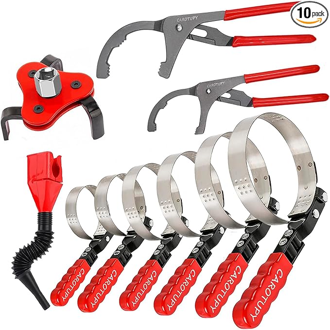 10PCS Oil Filter Wrench Set, 9" & 12" Oil Filter Pliers, 3 Jaw Oil Filter Wrench Tool with Oil Funnel for Oil Change Adjustable From 1-3/4" to 6"
