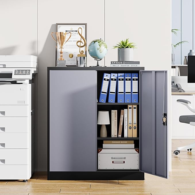 Metal Storage Cabinets with Lock Door,2 Adjustable Shelves Organizer Steel Storage Cabinets for Home,Office,Warehouse,Garage,Employee Lockers(Black Gray)