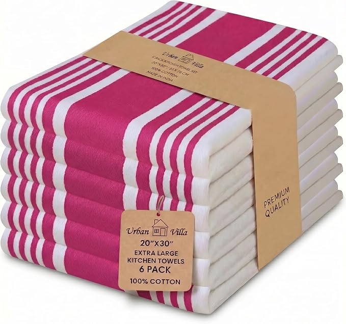 Urban Villa Kitchen Towels 100% Cotton Dish Towels for Kitchen(Set of 6)20”x30” Dish Cloths Highly Absorbent Kitchen Linen Set with Hanging Loop Perfect for Drying Dishes Cleaning Towels-Fuchsia White